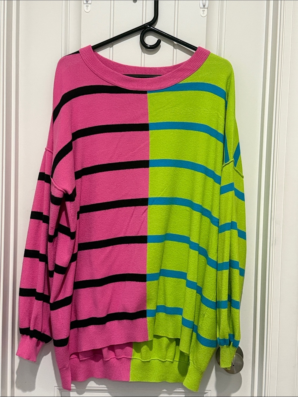 Bold Two-Tone Pink and Lime Striped Women's Sweater